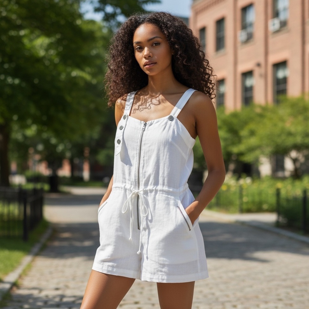 White Sleeveless Romper with Zipper and Pockets - Picture 13 of 14